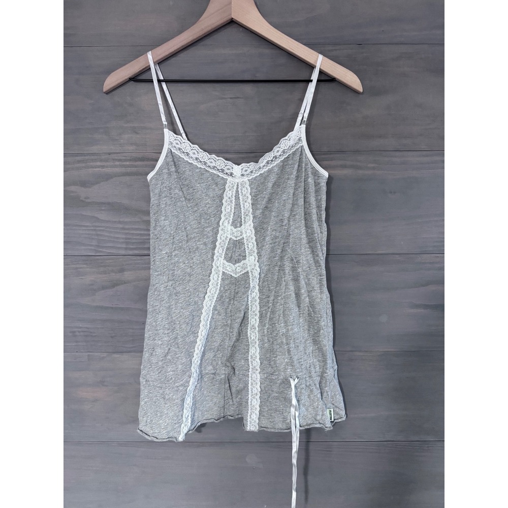 Vintage Hollister Y2K 2000s Tank Top Dress Lace Waist Hem Tie Scrunch Gray Large